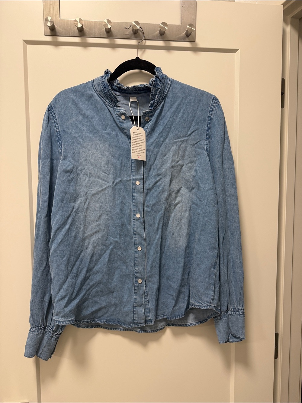 Light Blue Denim Button-Down Shirt with Ruffle Collar